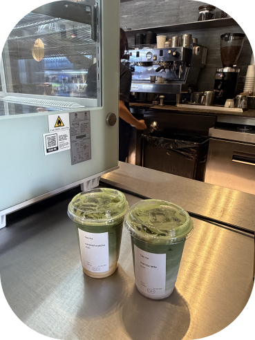 matcha drinks at a cafe counter