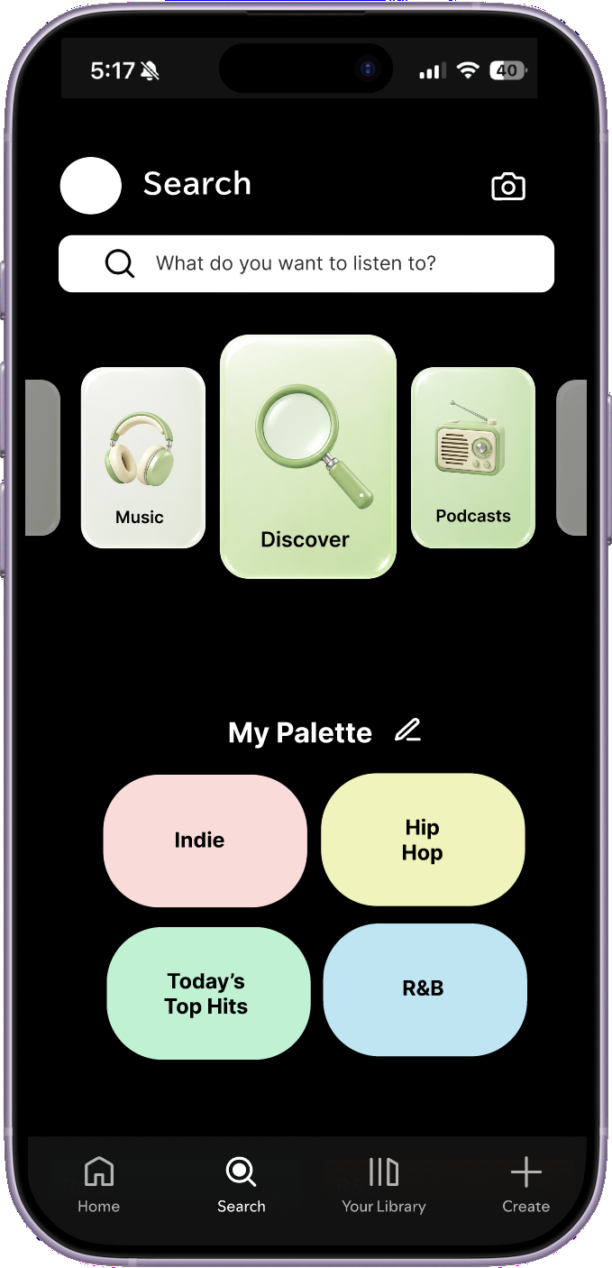 Redesigned Spotify search screen with card-based Music, Discover, and Podcasts tiles and a My Palette section