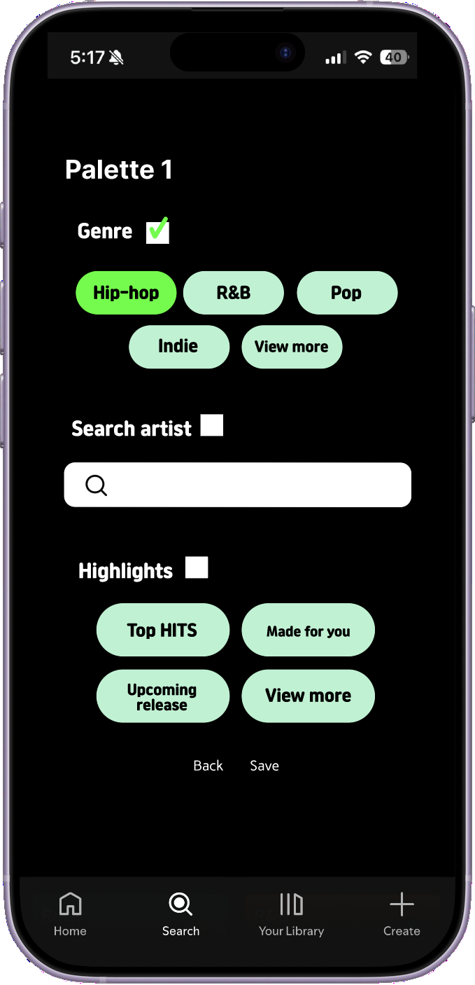 Palette 1 setup screen with genre, artist, and highlight selectors