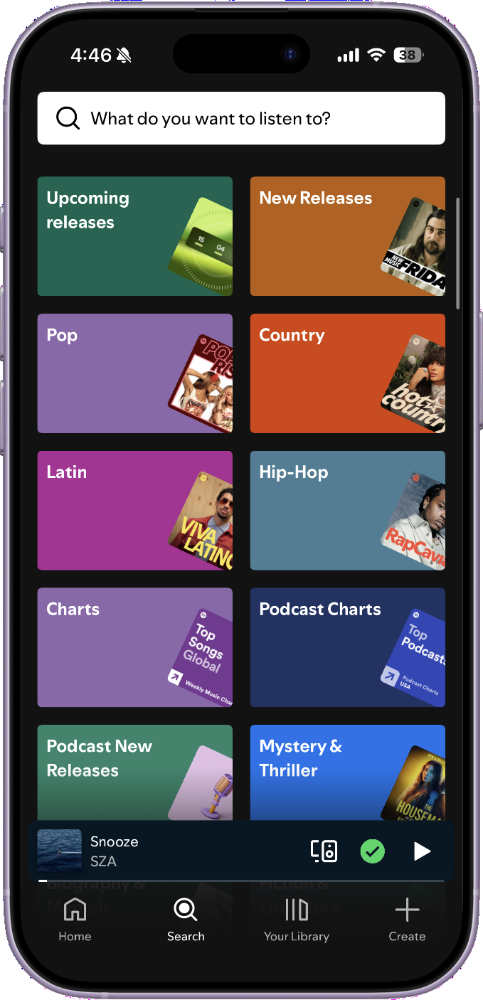 Actual Spotify search screen with grid of category tiles